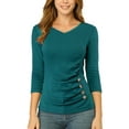 thumbnail image 1 of MODA NOVA Juniors Button Decor V Neck 3/4 Sleeve Solid Knitted Ruched Blouse, 1 of 6