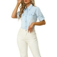 thumbnail image 1 of MODA NOVA Juniors Button Down Denim Shirt Collared Long Sleeve Classic Chambray Top Light Blue S, 1 of 5