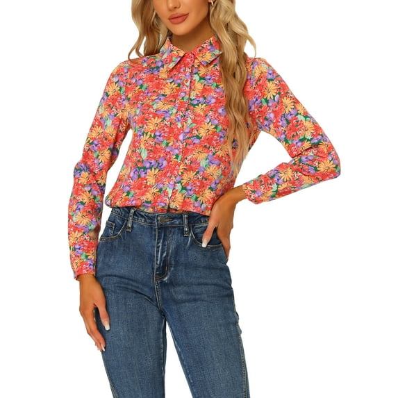 MODA NOVA Juniors Button Down Long Sleeve Ditsy Floral Shirt Orange XL