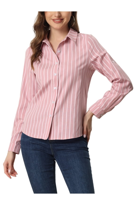 Juniors Button Down Roll-up Long Sleeves Lapel Collar Shirts Pinks L
