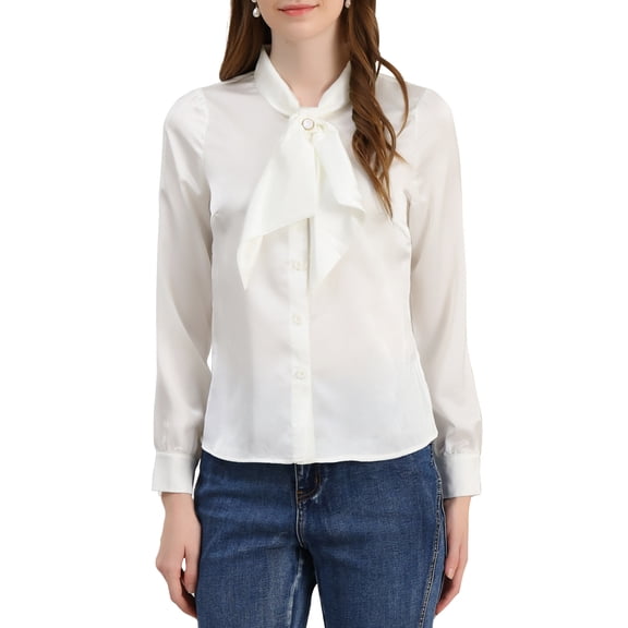 INSPIRE CHIC Women's Button Down Shirt Tie Neck Satin Blouse Business Casual Tops M white