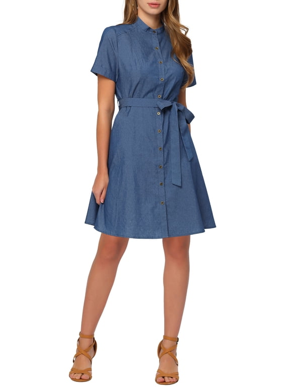 Juniors Button Down Short Sleeve Denim Shirt Midi Dress with Belt