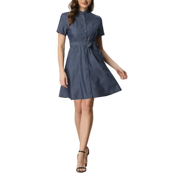 MODA NOVA Juniors Button Down Short Sleeve Denim Shirt Midi Dress with Belt
