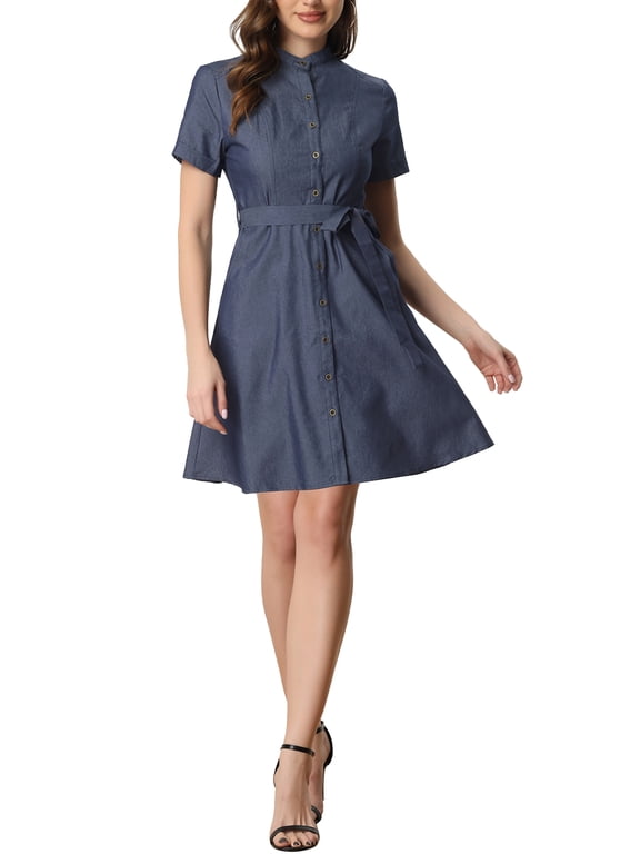 Juniors Button Down Short Sleeve Denim Shirt Midi Dress with Belt