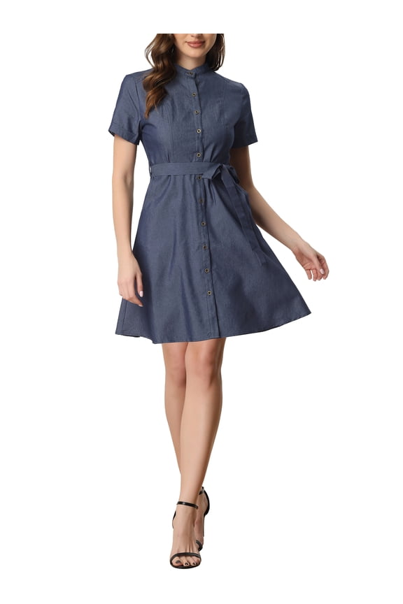 Juniors Button Down Short Sleeve Denim Shirt Midi Dress with Belt