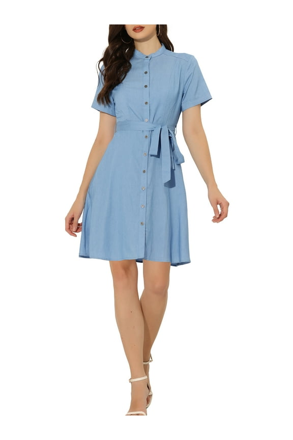Juniors Button Down Short Sleeve Denim Shirt Midi Dress with Belt