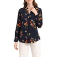 thumbnail image 1 of MODA NOVA Juniors Button Down V Neck Long Sleeve Floral Blouse Dark Blue S, 1 of 7