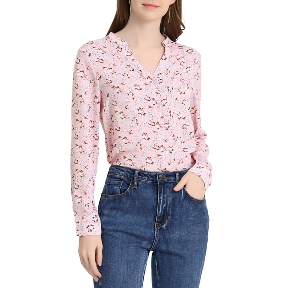 MODA NOVA Juniors Button Down V Neck Long Sleeve Floral Blouse Light Pink S