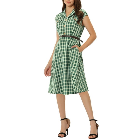 INSPIRE CHIC Women's Button Front Cap Sleeve Retro Belted Plaid Dresses S Green