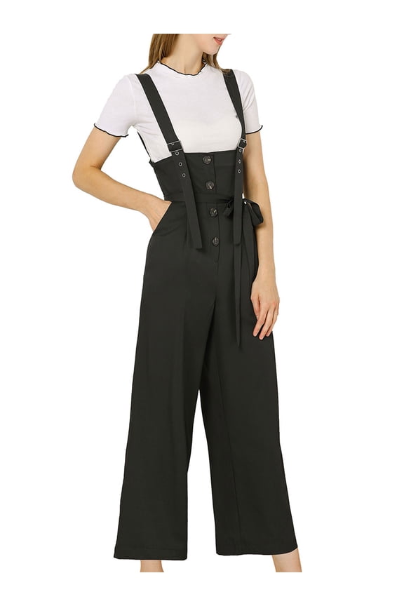Juniors Button Front High Waist Belted Straight Fit Overall Jumpsuit Black S