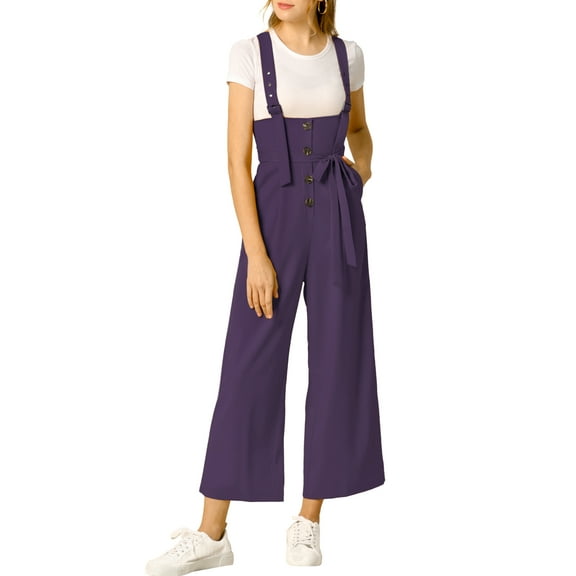 MODA NOVA Juniors Button Front High Waist Belted Straight Fit Overall Jumpsuit Dark Purple L