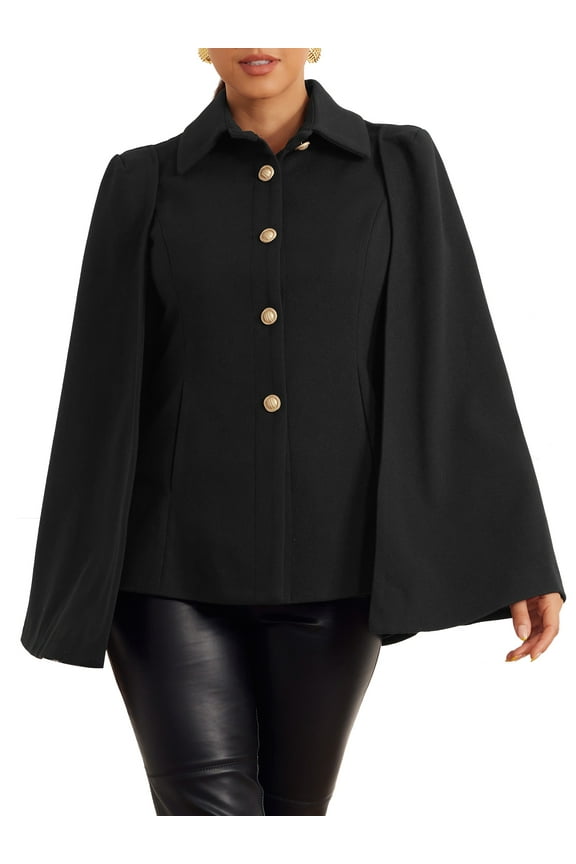 Juniors Cape Blazer Split Sleeve Button Front Casual Workwear Cape Coat Shawl Jackets M Black