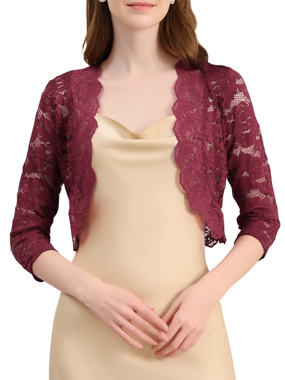 Juniors Casual 3/4 Sleeve Sheer Lace Floral Open Front Shrug Top