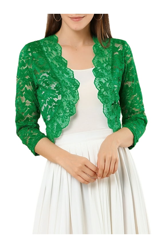 Juniors Casual 3/4 Sleeve Sheer Lace Floral Open Front Shrug Top