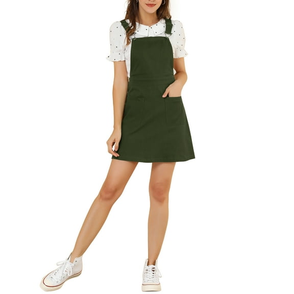 MODA NOVA Juniors Casual Adjustable Strap Above Knee Suspender Dress Olive green S