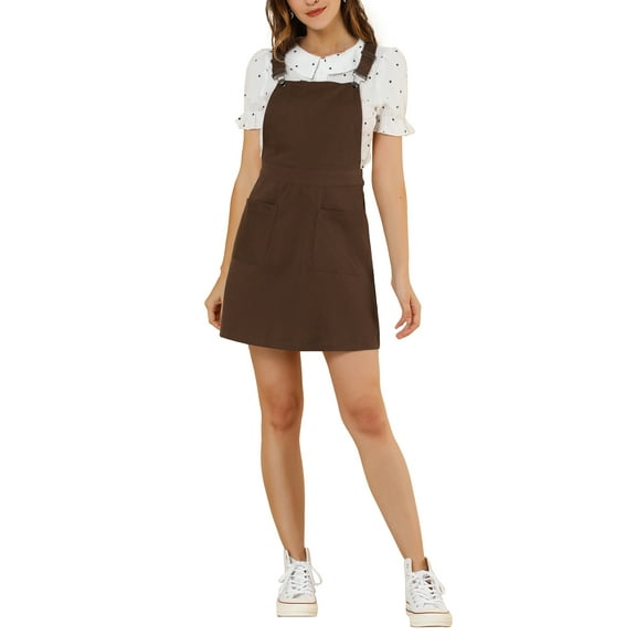 MODA NOVA Juniors Casual Adjustable Strap Above Knee Suspender Dress Red-Brown L
