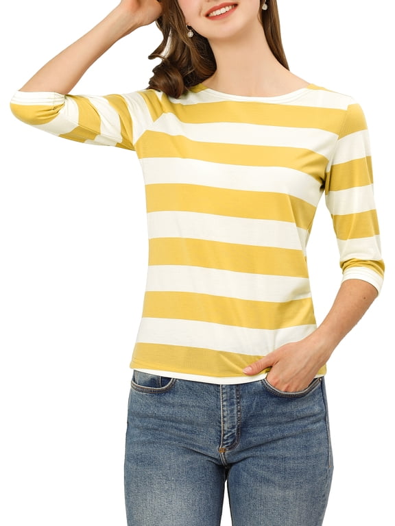 Juniors Casual Boat Neck Elbow Sleeves Slim Fit Stripes T-Shirt