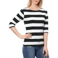 thumbnail image 1 of MODA NOVA Juniors Casual Boat Neck Elbow Sleeves Slim Fit Stripes T-Shirt, 1 of 6