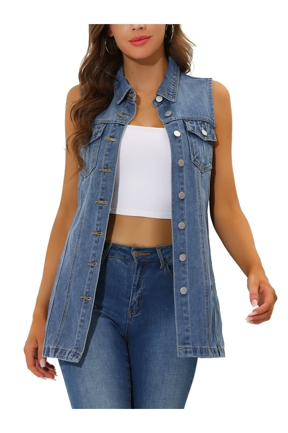 Juniors Casual Button Down Sleeveless Pockets Mid-Long Denim Vest Blue M