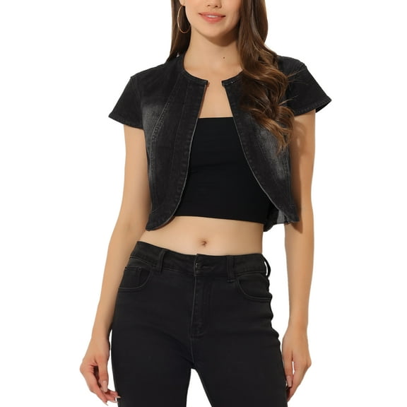 MODA NOVA Juniors Casual Crop Denim Cardigan Slim Fit Cap Sleeve Jean Jacket Black XL