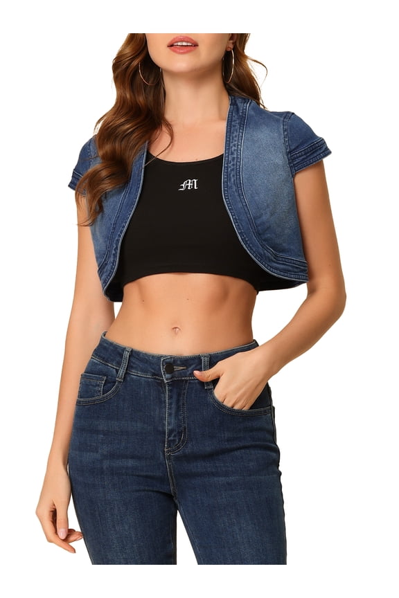 Juniors Casual Crop Shrug Cardigan Fit Cap Sleeve Denim Jacket
