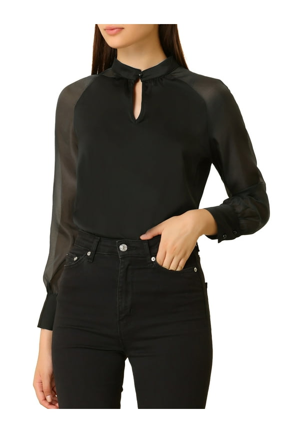 Juniors Casual Keyhole Neck Sheer Long Sleeve Blouse Black S
