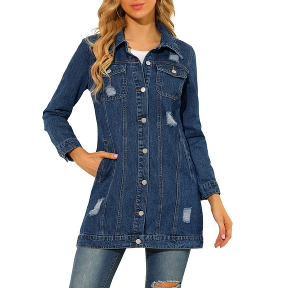 MODA NOVA Juniors Casual Long Sleeve Button Down Long Distressed Denim Jacket
