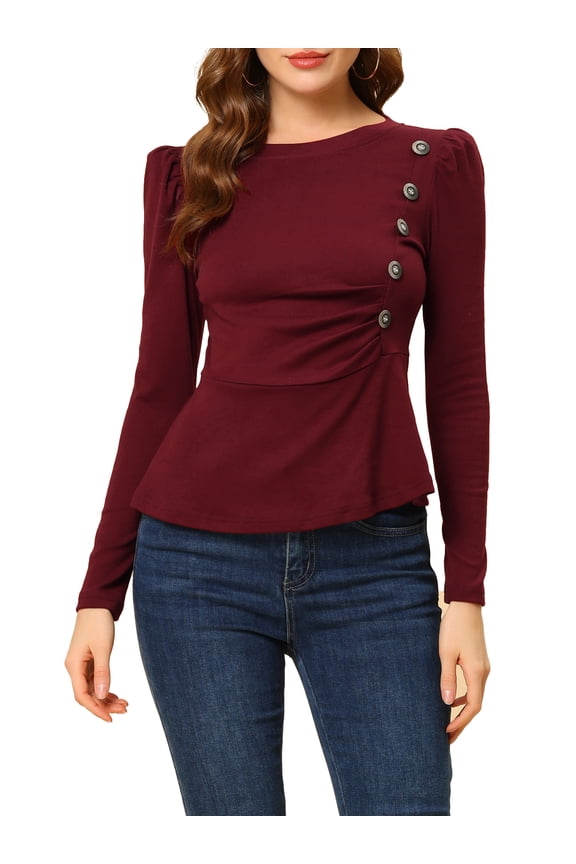 Juniors Casual Round Neck Puff Long Sleeve Button Decor Peplum Blouse