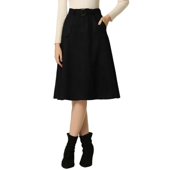 MODA NOVA Juniors Casual Stretchy Faux Suede Pockets A-Line Midi Skirt with Belt Black L