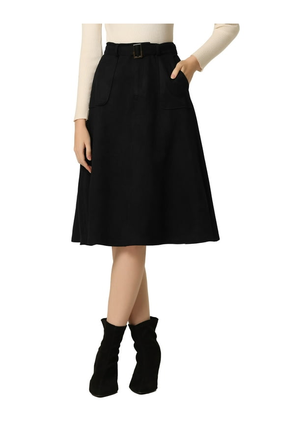 Juniors Casual Stretchy Faux Suede Pockets A-Line Midi Skirt with Belt Black L