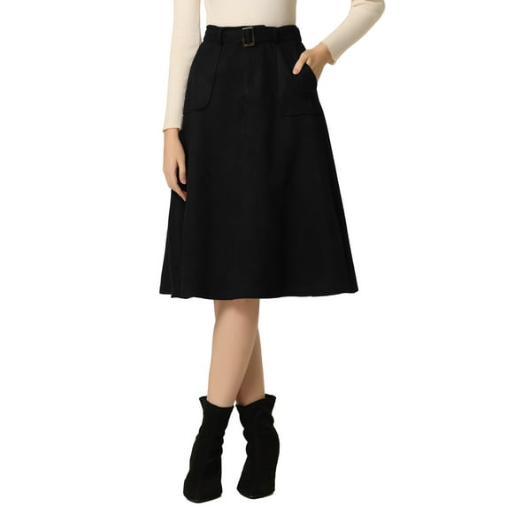 MODA NOVA Juniors Casual Stretchy Faux Suede Pockets A-Line Midi Skirt with Belt Black S