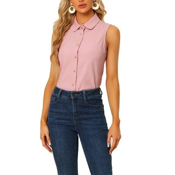 MODA NOVA Juniors Casual Tank Top Sleeveless Peter Pan Collar Chambray Shirt Pink XL