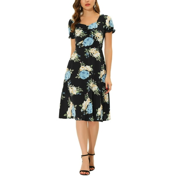 MODA NOVA Juniors Cherry Printed Sweetheart Neck Puff Sleeves Zipper Smock Dress