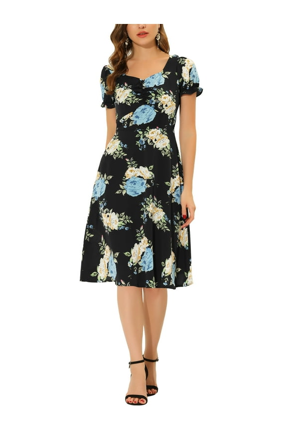 Juniors Cherry Printed Sweetheart Neck Puff Sleeves Zipper Smock Midi Dress