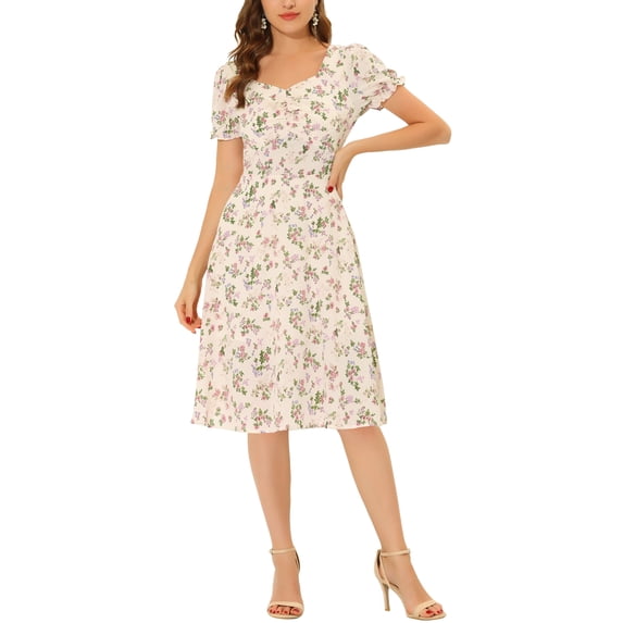 MODA NOVA Juniors Cherry Printed Sweetheart Neck Puff Sleeves Zipper Smock Midi Dress