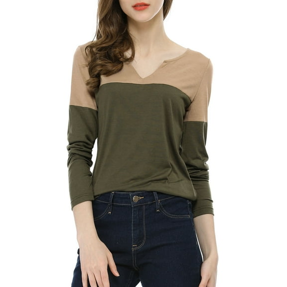 MODA NOVA Juniors Christmas Split V-Neck Long Sleeves Color Block Casual T-Shirt