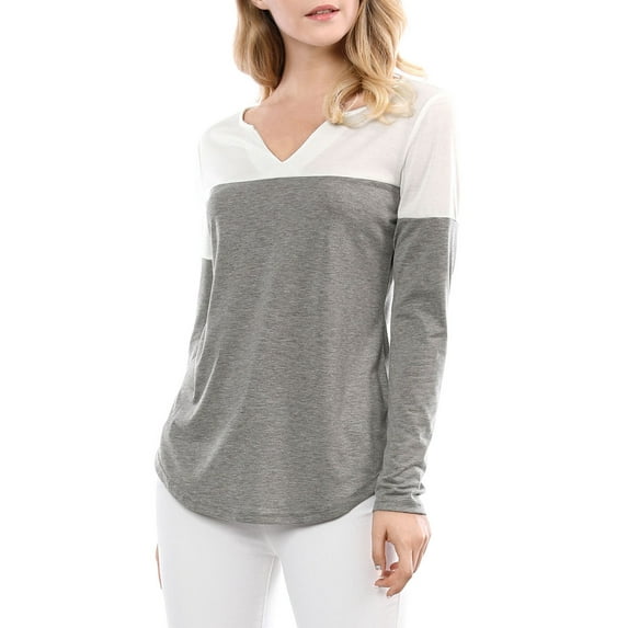 MODA NOVA Juniors Christmas Split V-Neck Long Sleeves Color Block Casual T-Shirt