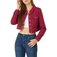 thumbnail image 1 of MODA NOVA Juniors Classic Long Sleeves Single Breasted Cropped Denim Jacket Burgundy S, 1 of 7