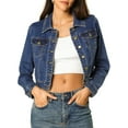 thumbnail image 1 of MODA NOVA Juniors Classic Long Sleeves Single Breasted Cropped Denim Jacket Dark Blue XS, 1 of 7