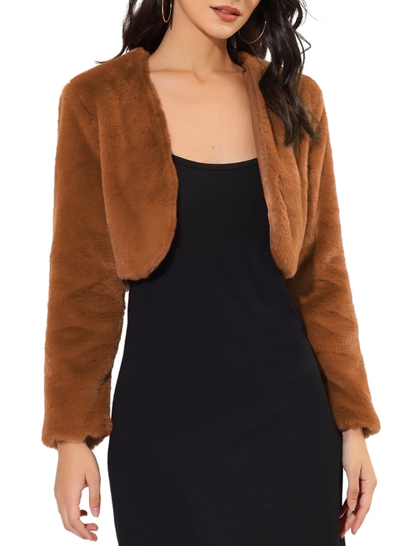 Juniors Collarless Long Sleeve Open Front Faux Fur Shrug Cropped Coat