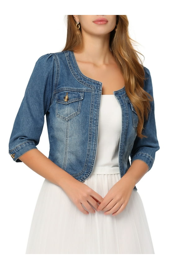 Juniors Collarless Round Neck 3/4 Sleeve Open Front Short Denim Jackets Blue XS