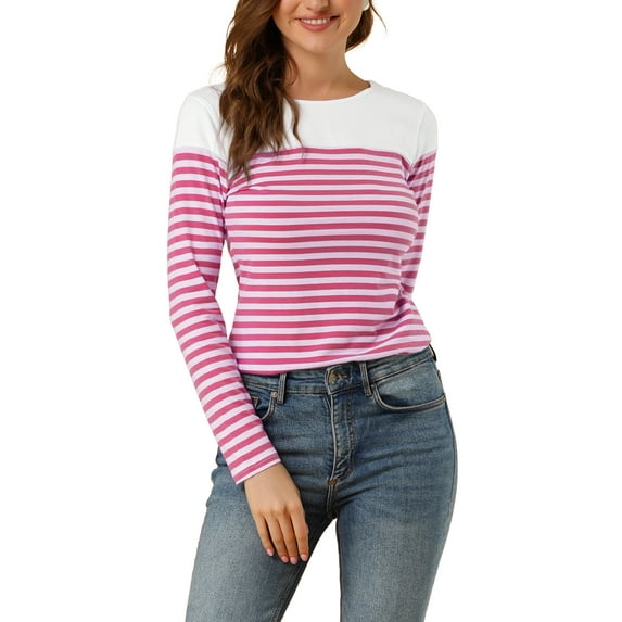 MODA NOVA Juniors Color Block Long Sleeve Striped Causal T-Shirt Fuchsia XL