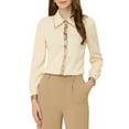 thumbnail image 1 of MODA NOVA Juniors Contrast Collar Long Sleeve Office Button Down Shirt Beige M, 1 of 6