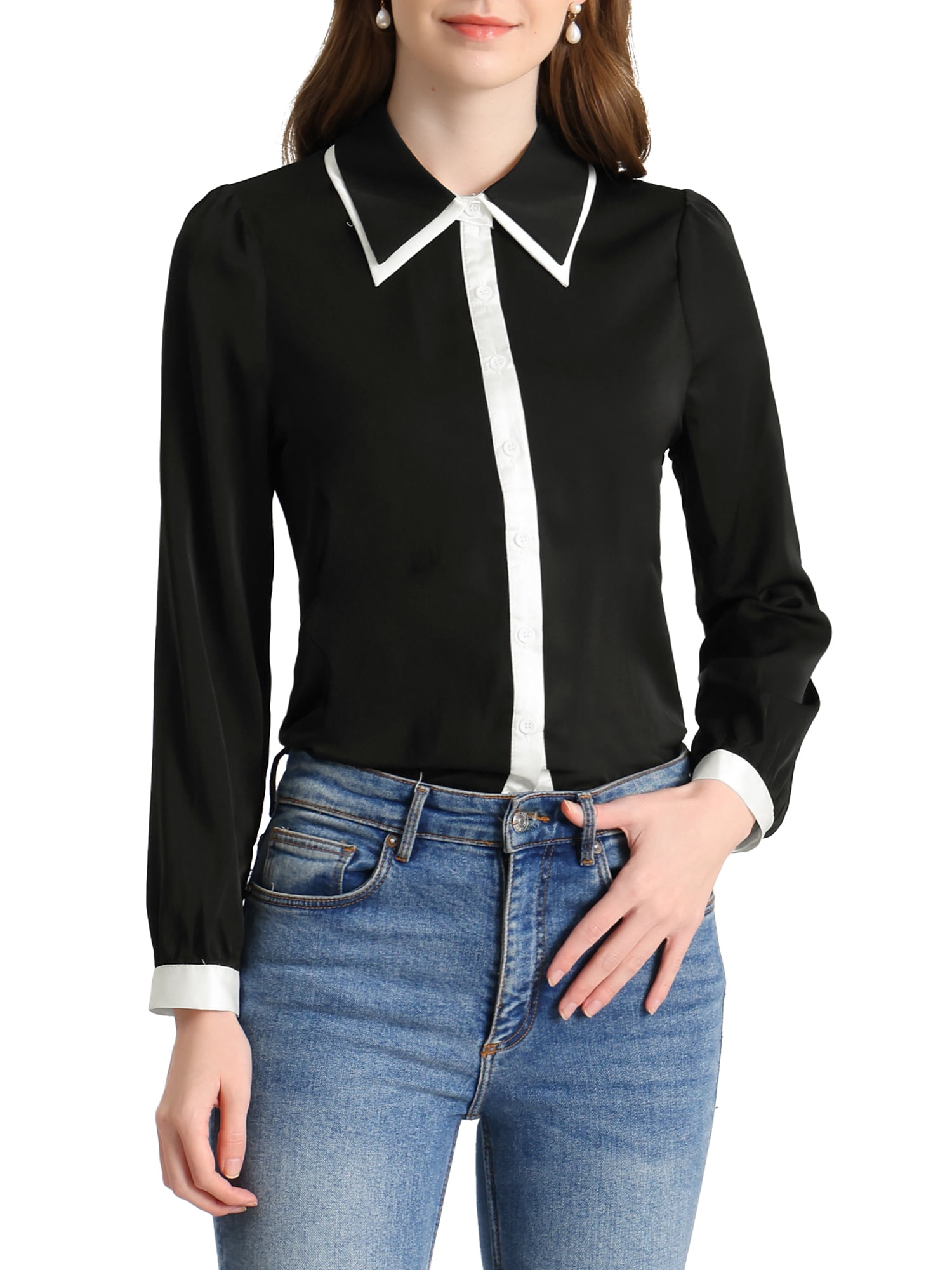 Celebrities Elegant Plaid With Bow Contrast Mandarin Collar Tops Celebrities Elegant Plaid With Bow Contrast Mandarin Collar Tops