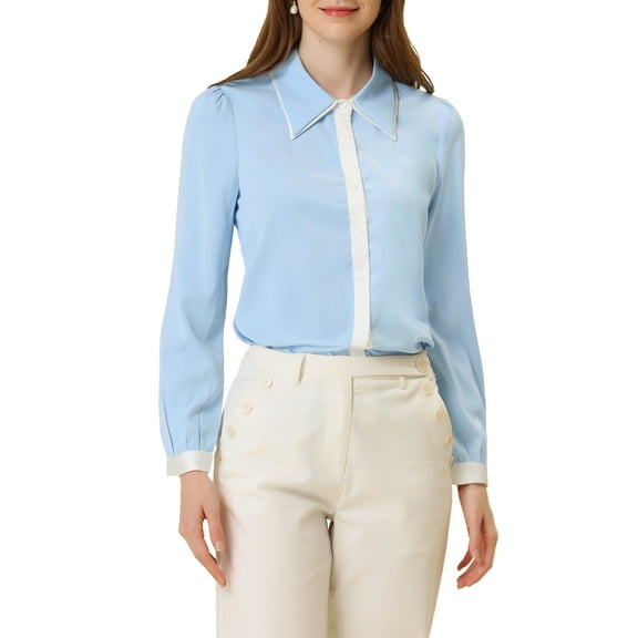 MODA NOVA Juniors Contrast Collar Long Sleeve Office Button Down Shirt Light Blue M