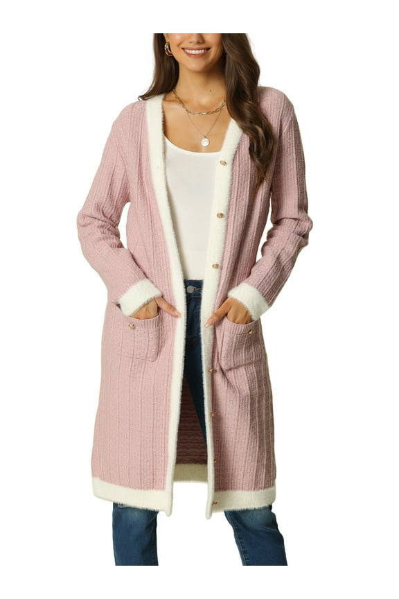 Juniors Contrast Color Dress Long Sleeve Open Front Button Down Sweater Cardigan with Pockets