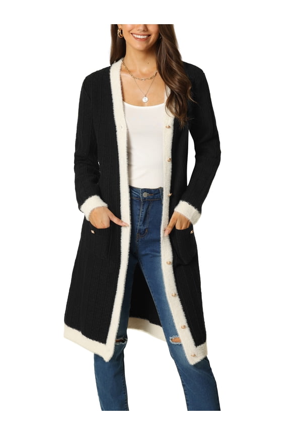 Juniors Contrast Color Dress Long Sleeve Open Front Button Down Sweater Cardigan with Pockets