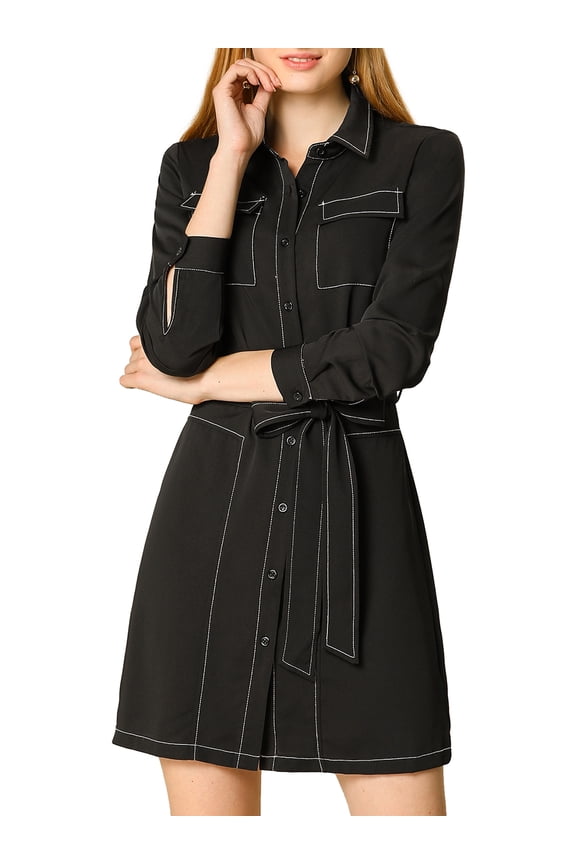 Juniors Contrast Line Long Sleeves Belted Waist Dress with Pockets