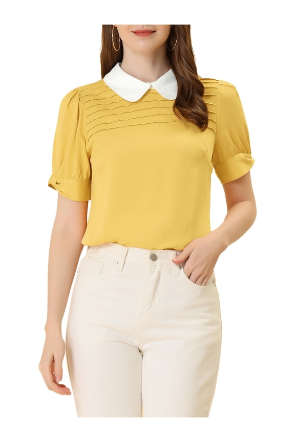 Juniors Contrast Peter Pan Collar Puff Short Sleeve Pleated Blosue