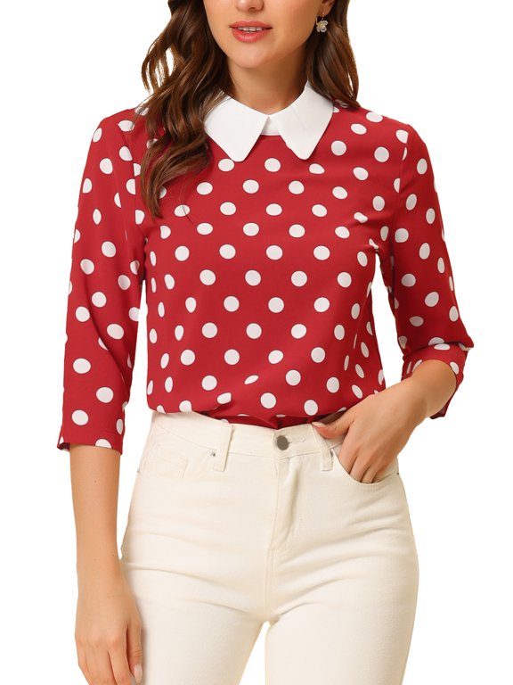 Juniors Contrast Peter Pan Collar Top 3/4 Sleeves Blouse Shirts Red White S